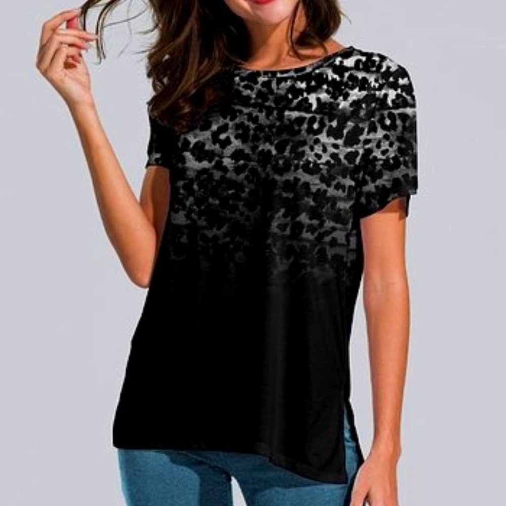 Nanu-Black & White Leopard Slit-Sleeve Split Hem Tunic -XL